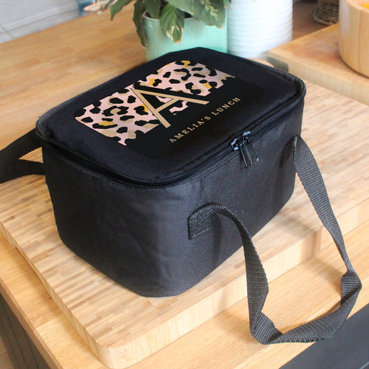 Personalised Leopard Print Black Lunch Bag - MK&JD Gifts