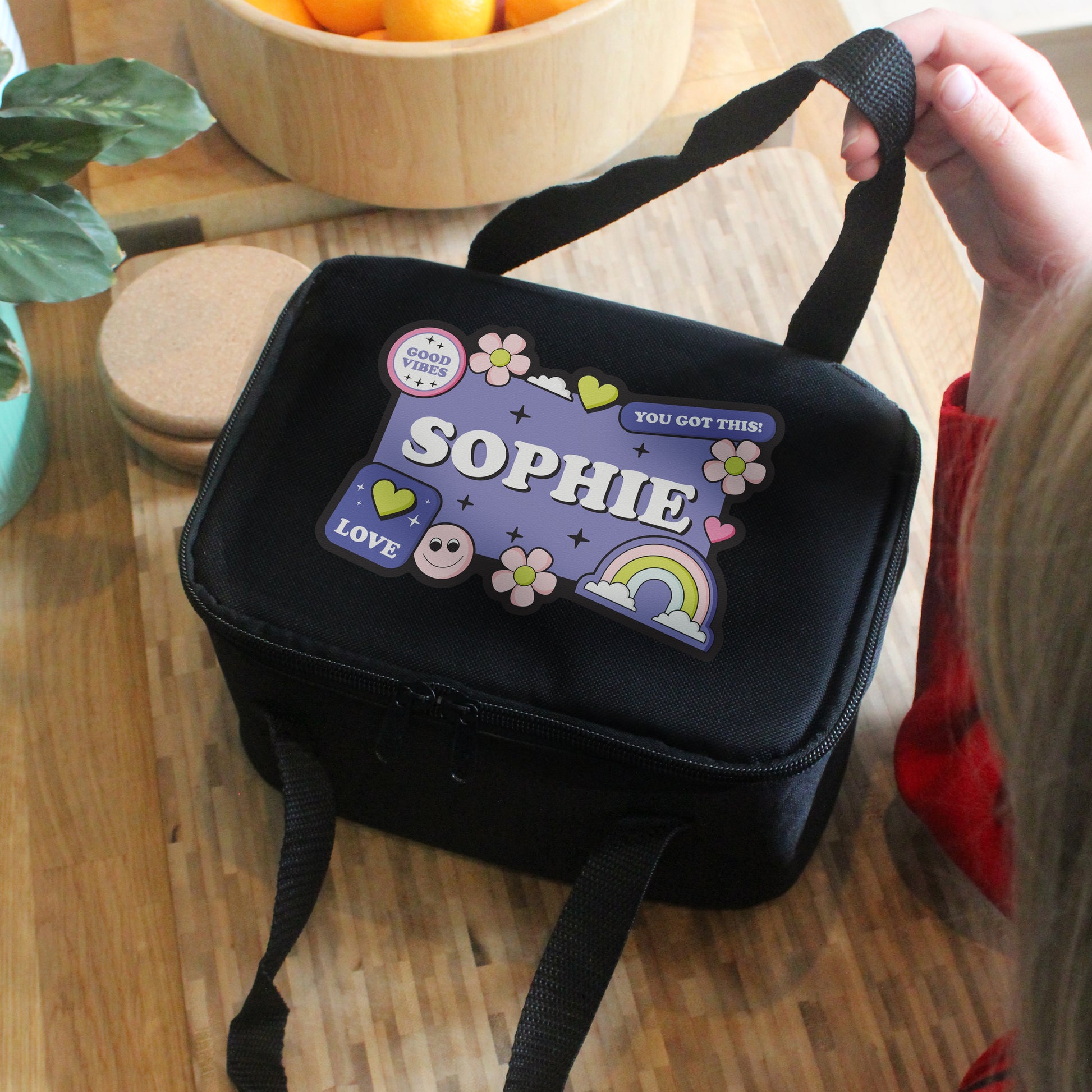 Personalised Good Vibes Black Lunch Bag - MK&JD Gifts