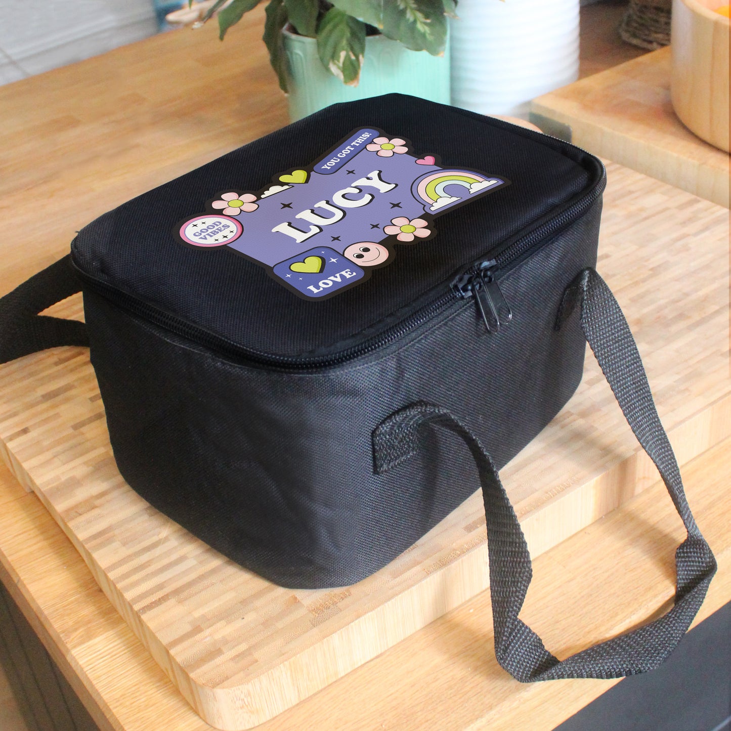 Personalised Good Vibes Black Lunch Bag - MK&JD Gifts