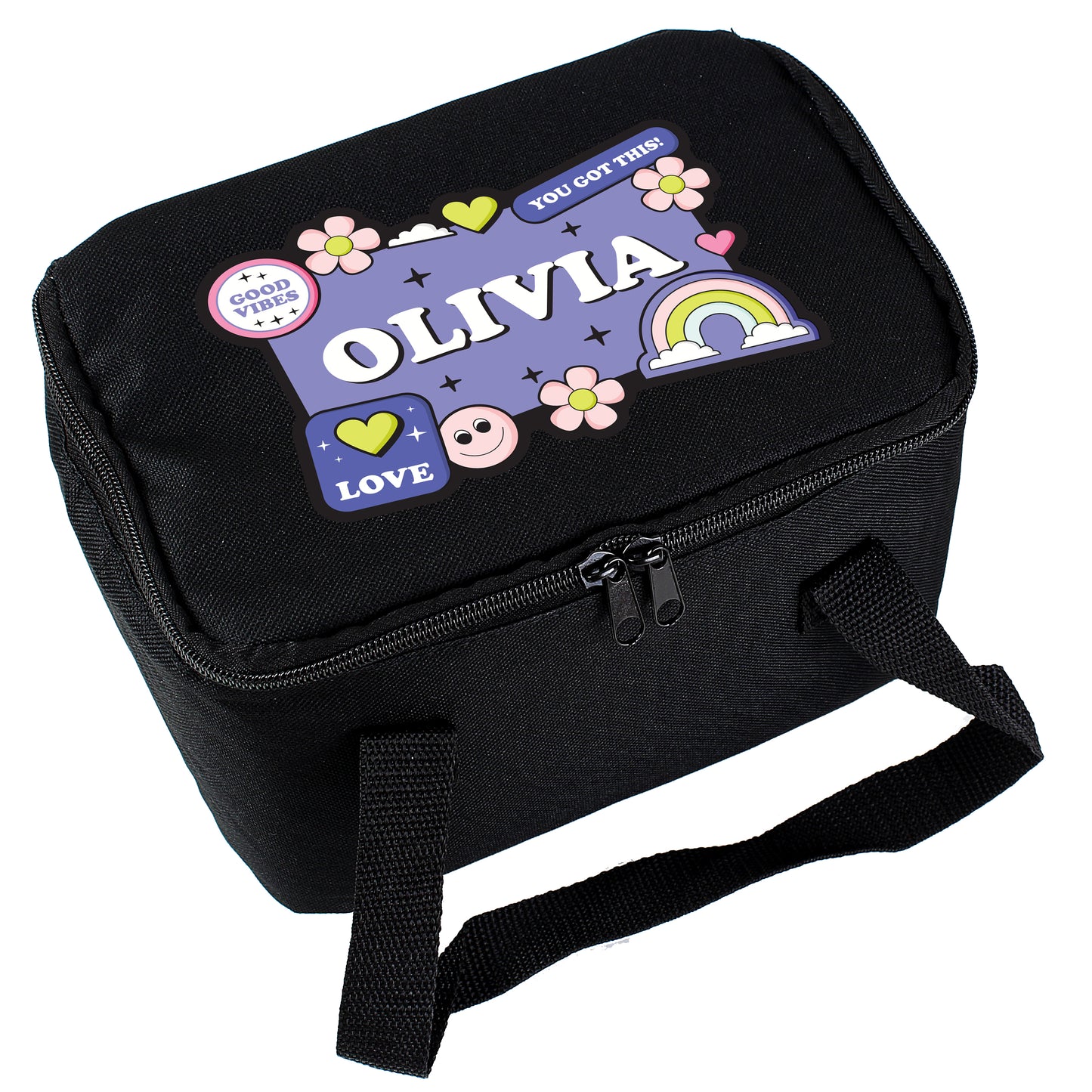 Personalised Good Vibes Black Lunch Bag - MK&JD Gifts