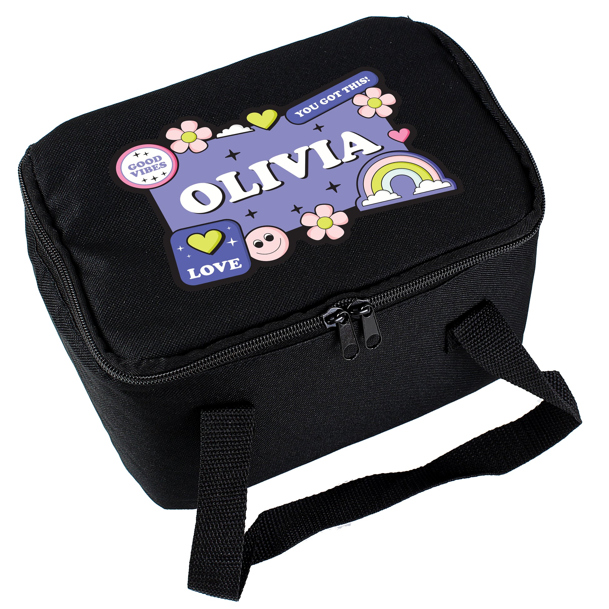Personalised Good Vibes Black Lunch Bag - MK&JD Gifts