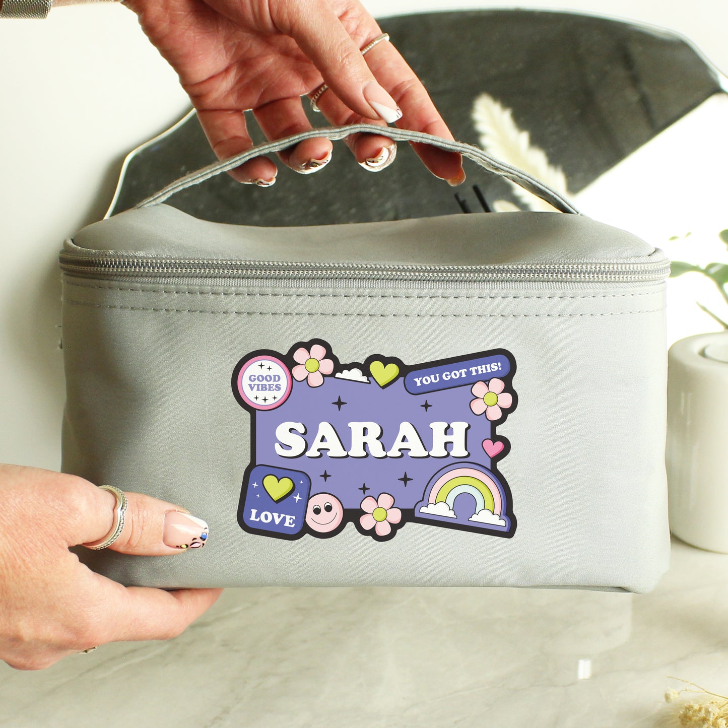 Personalised Good Vibes Grey Toiletry Bag - MK&JD Gifts