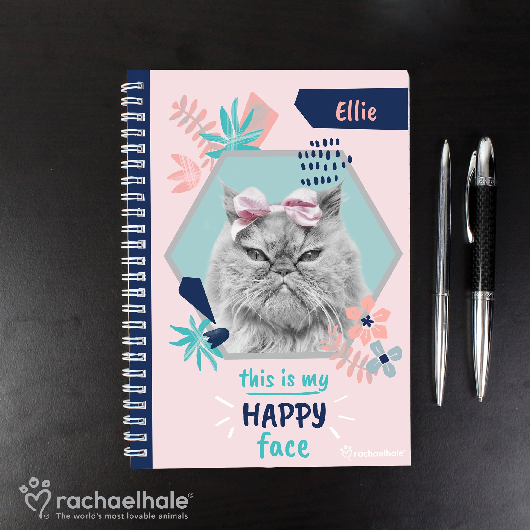 Personalised Rachael Hale 'Happy Face' Cat A5 Notebook - MK&JD Gifts
