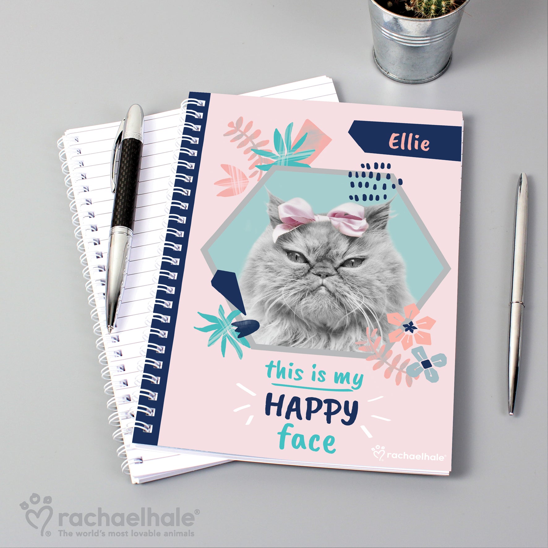Personalised Rachael Hale 'Happy Face' Cat A5 Notebook - MK&JD Gifts