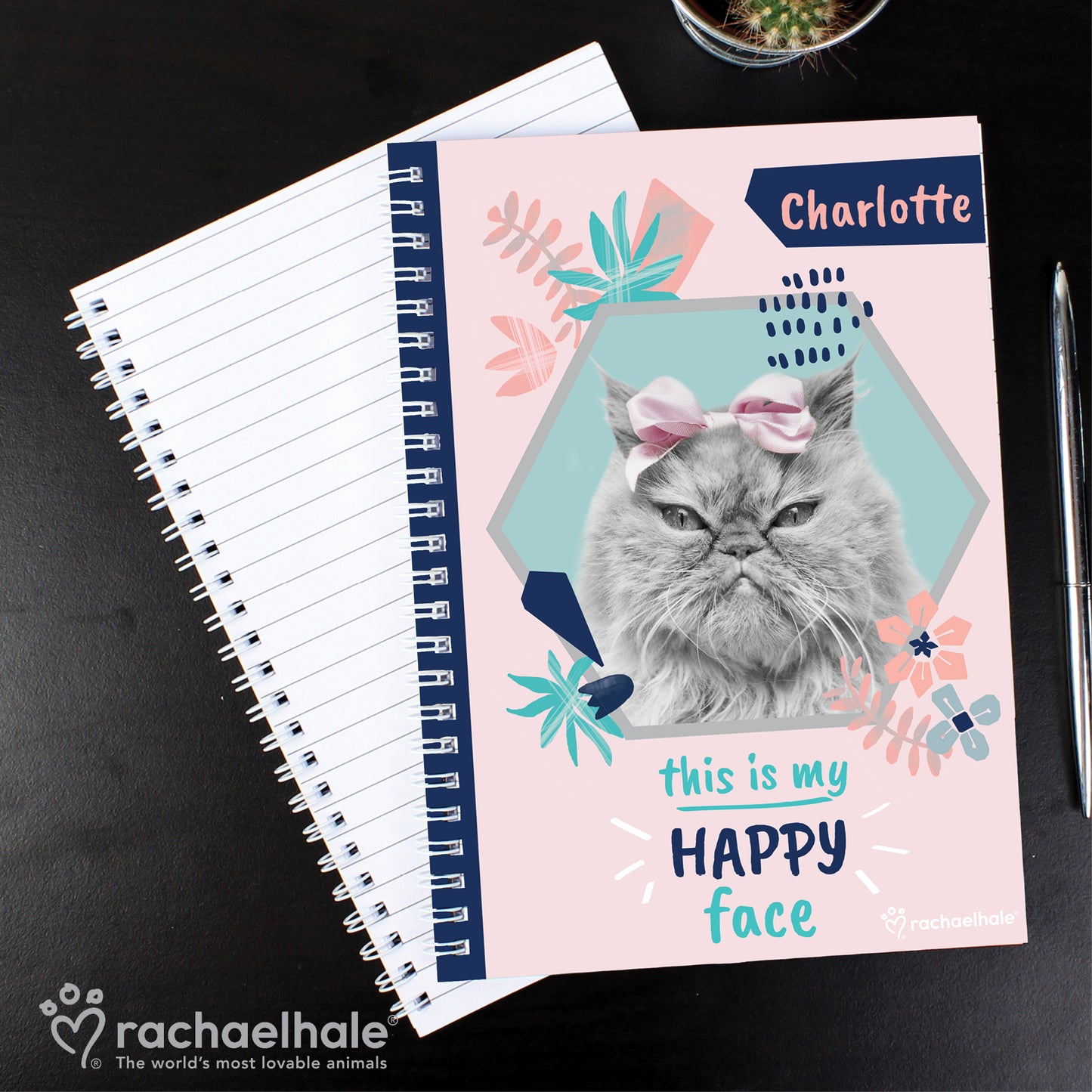 Personalised Rachael Hale 'Happy Face' Cat A5 Notebook - MK&JD Gifts