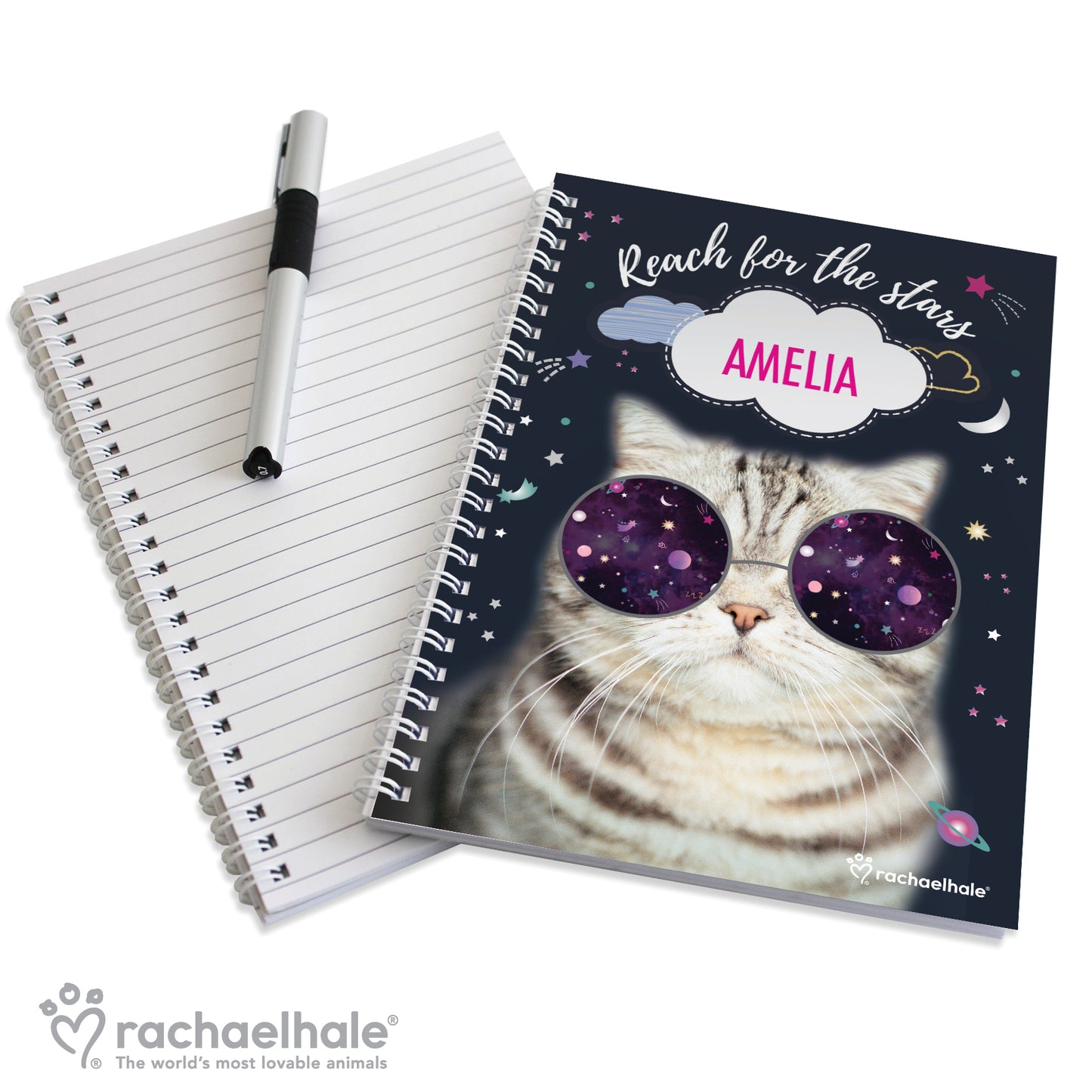 Personalised Rachael Hale Space Cat A5 Notebook - MK&JD Gifts