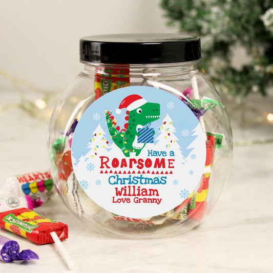 Personalised Dinosaur 'Have a Roarsome Christmas' Sweet Jar - MK&JD Gifts