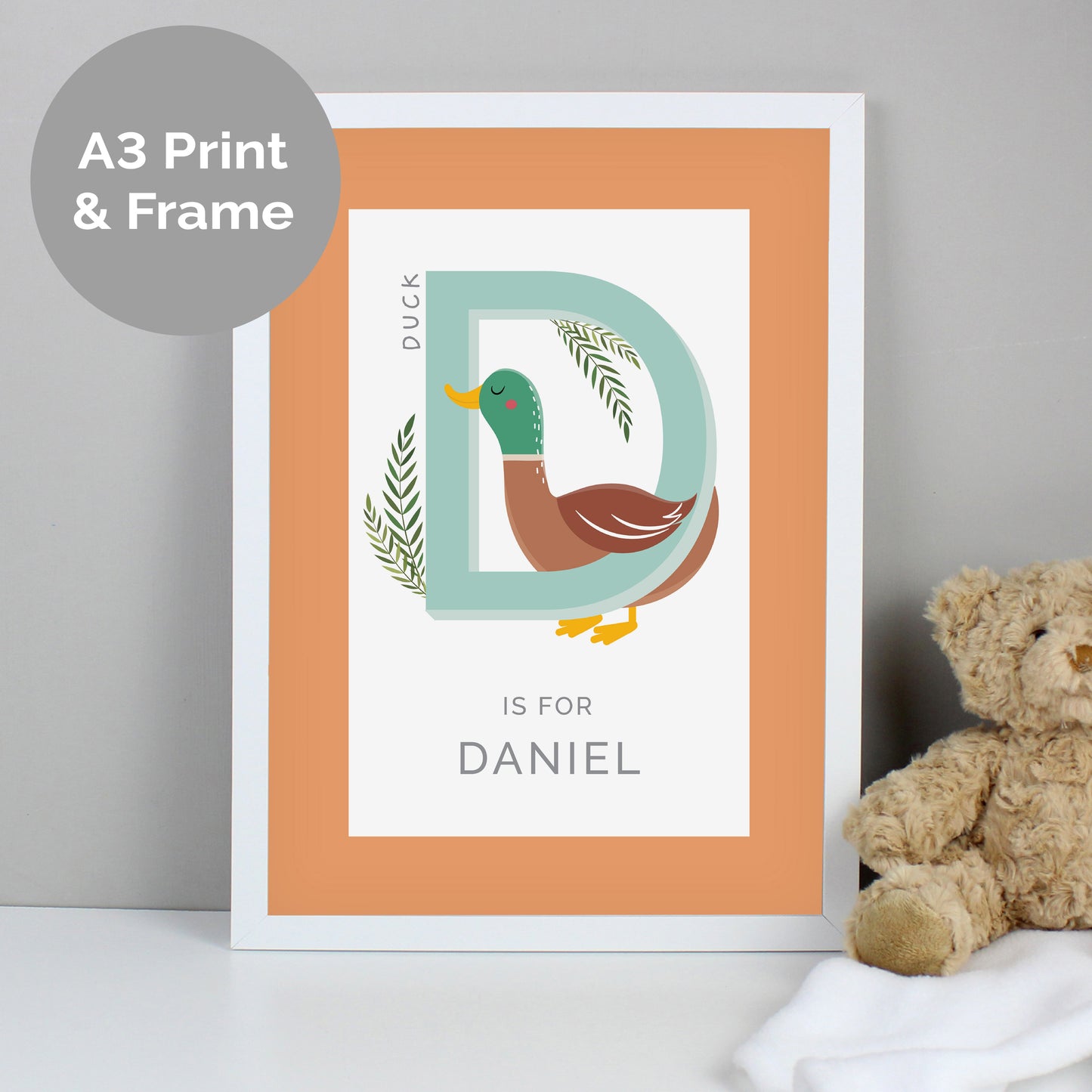 Personalised Animal Alphabet A3 White Framed Print