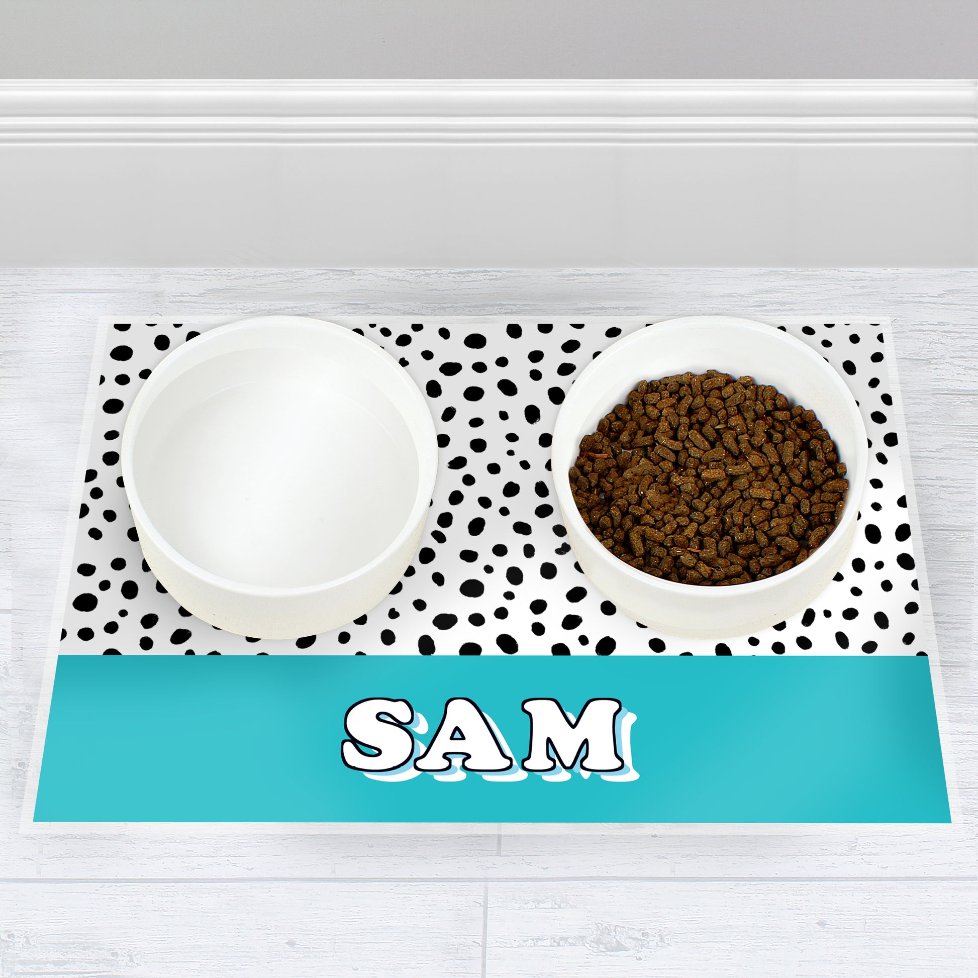 Personalised Blue Spots Dog Pet Bowl Mat - MK&JD Gifts