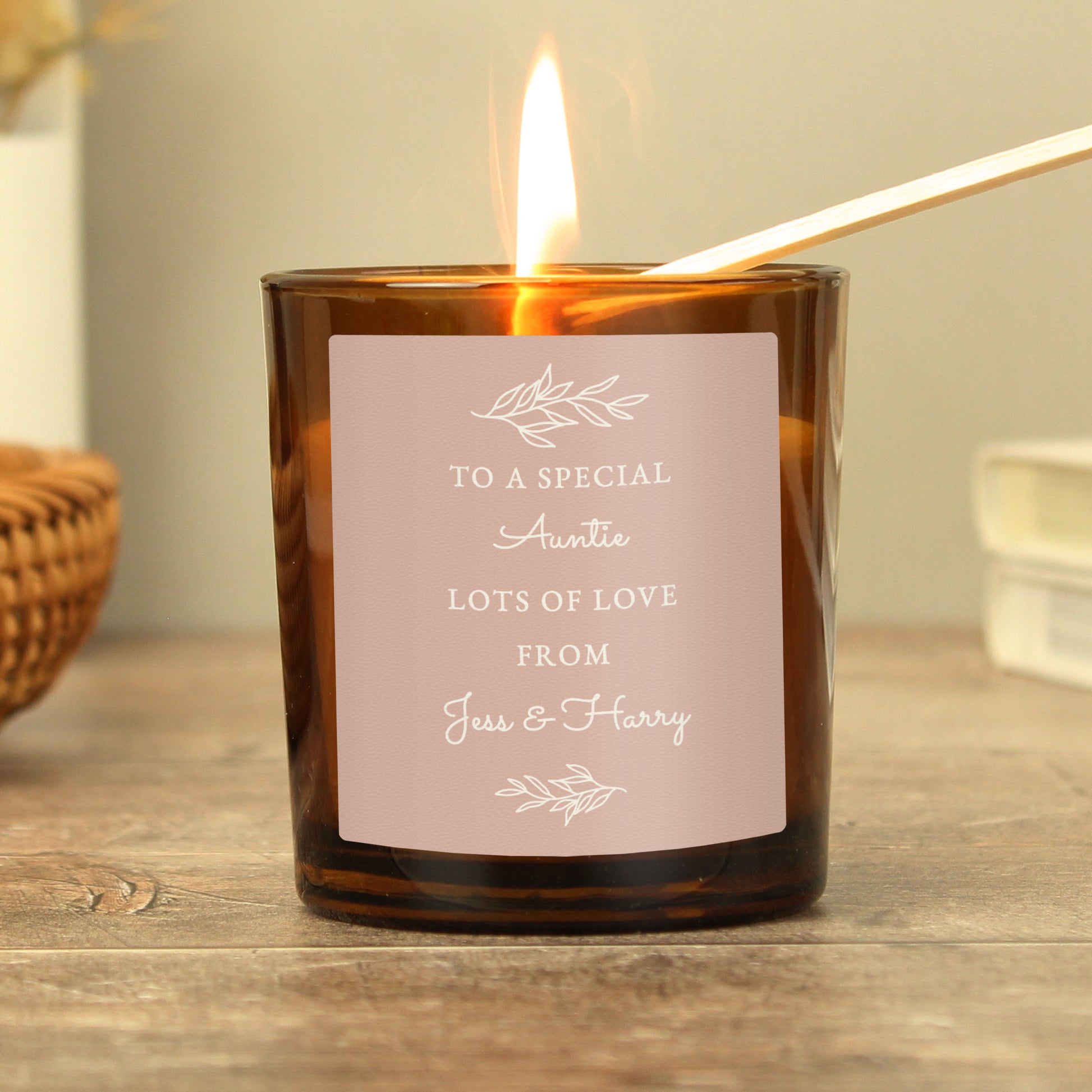 Personalised Pink Label Amber Glass Candle - MK&JD Gifts