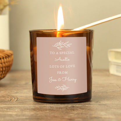 Personalised Pink Label Amber Glass Candle - MK&JD Gifts