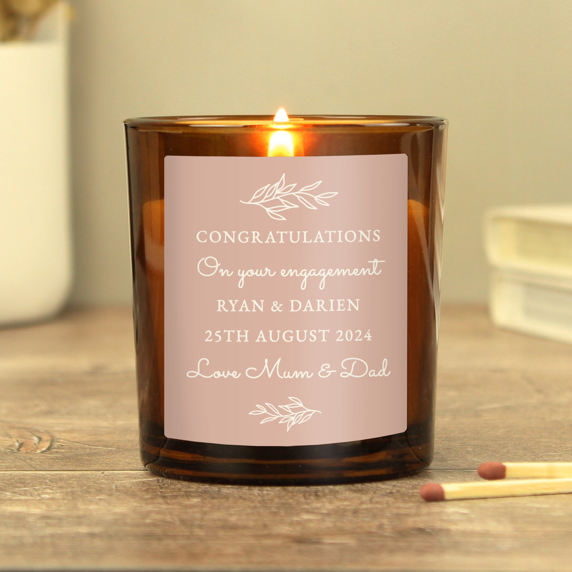 Personalised Pink Label Amber Glass Candle - MK&JD Gifts