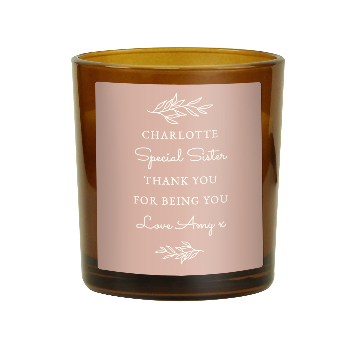 Personalised Pink Label Amber Glass Candle - MK&JD Gifts