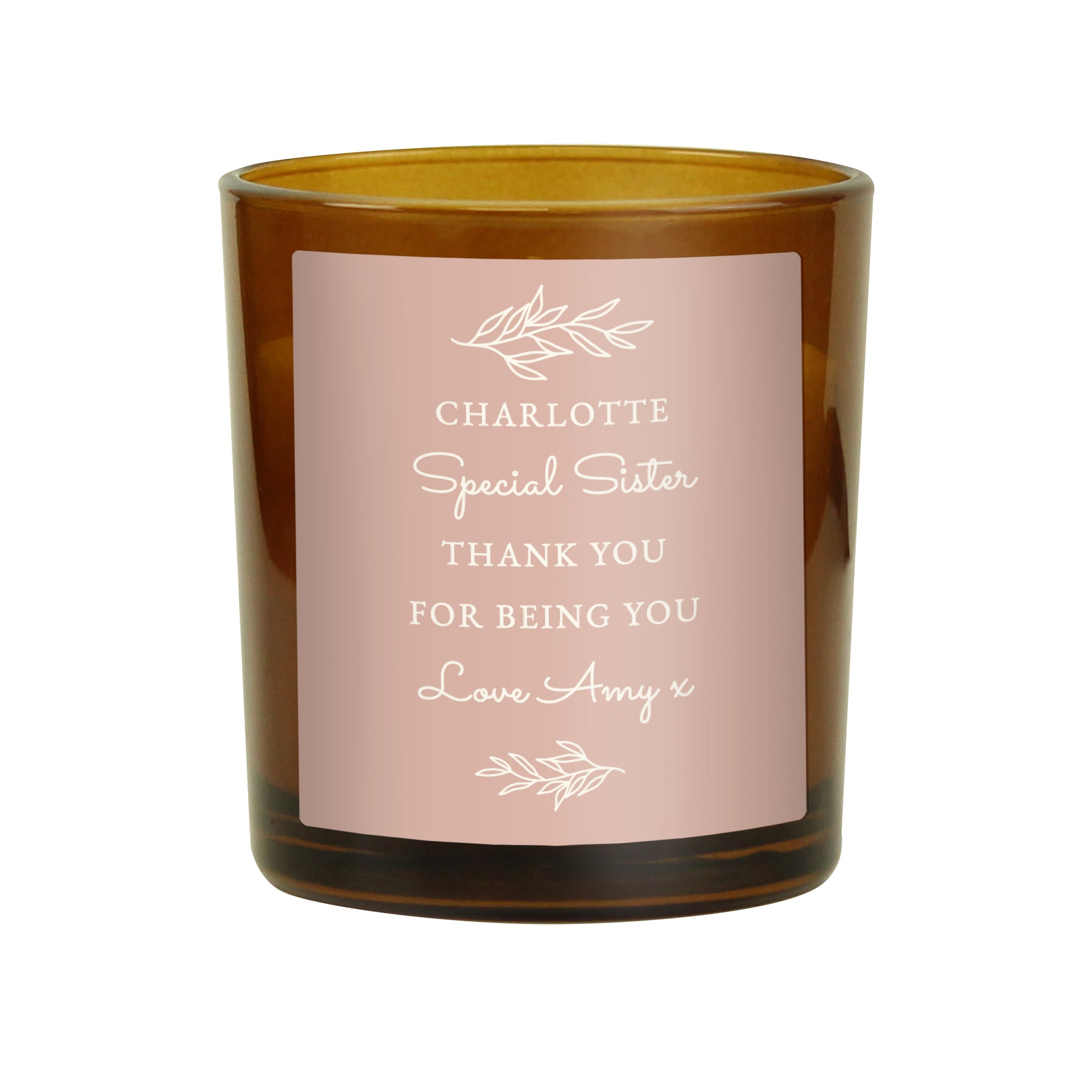 Personalised Pink Label Amber Glass Candle - MK&JD Gifts