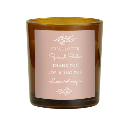 Personalised Pink Label Amber Glass Candle - MK&JD Gifts