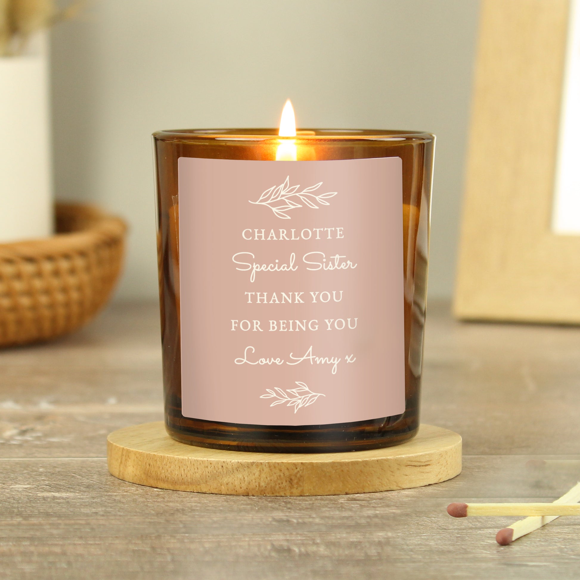 Personalised Pink Label Amber Glass Candle - MK&JD Gifts