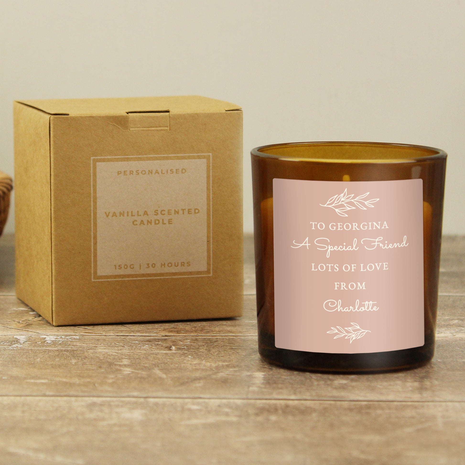 Personalised Pink Label Amber Glass Candle - MK&JD Gifts