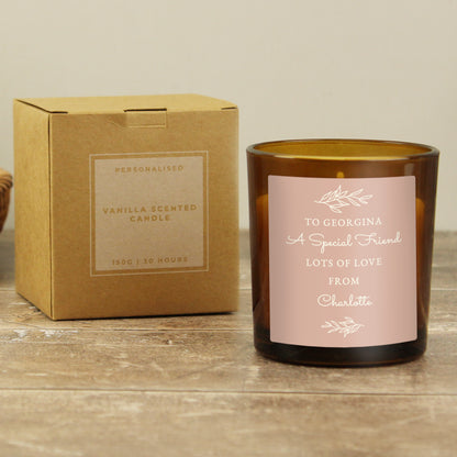 Personalised Pink Label Amber Glass Candle - MK&JD Gifts