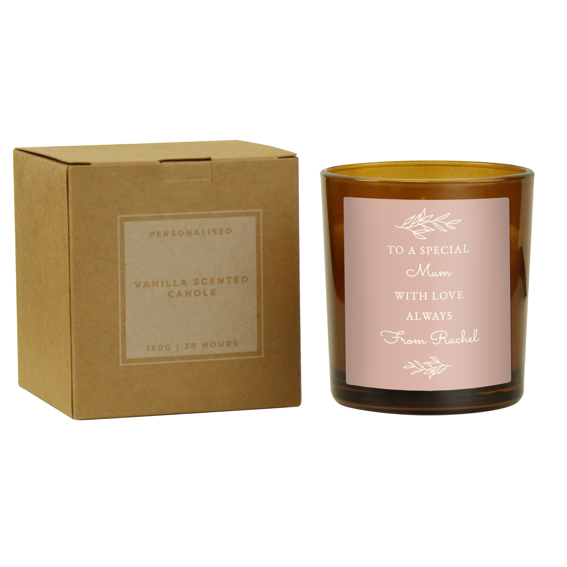 Personalised Pink Label Amber Glass Candle - MK&JD Gifts