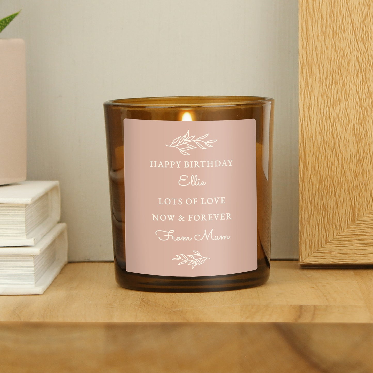 Personalised Pink Label Amber Glass Candle - MK&JD Gifts