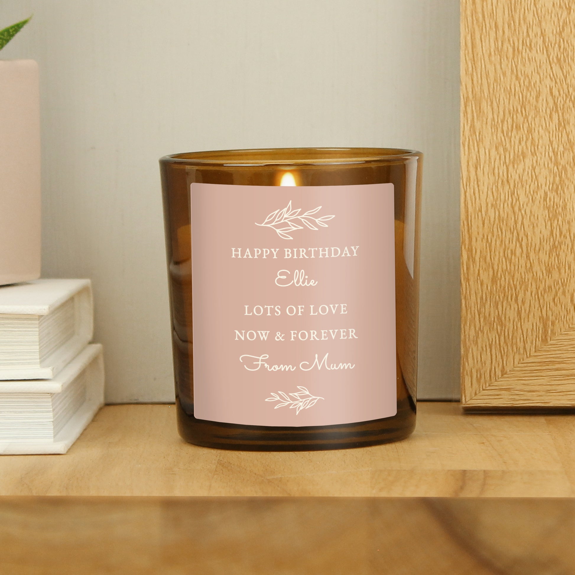 Personalised Pink Label Amber Glass Candle - MK&JD Gifts