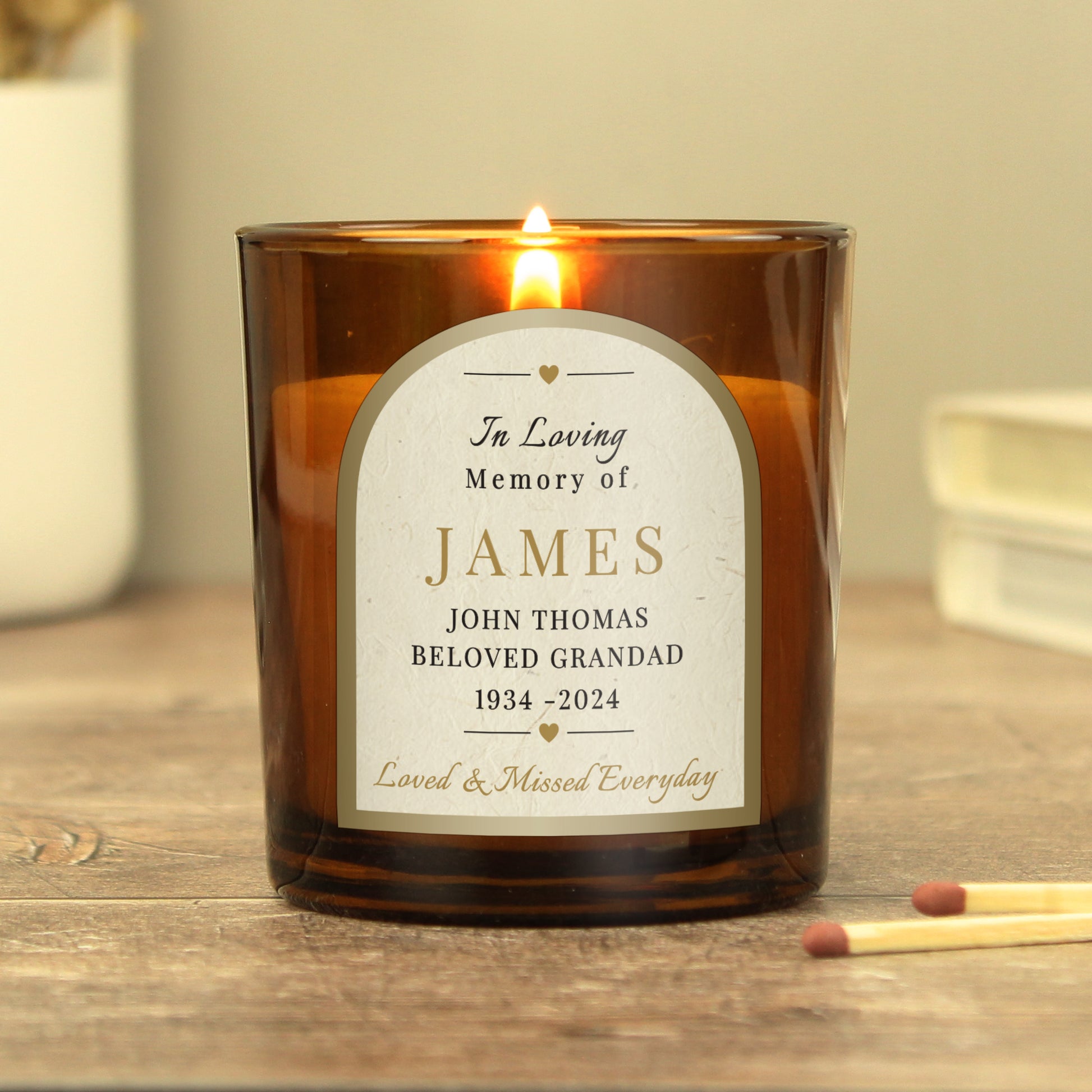 Personalised In Loving Memory Amber Glass Candle - MK&JD Gifts