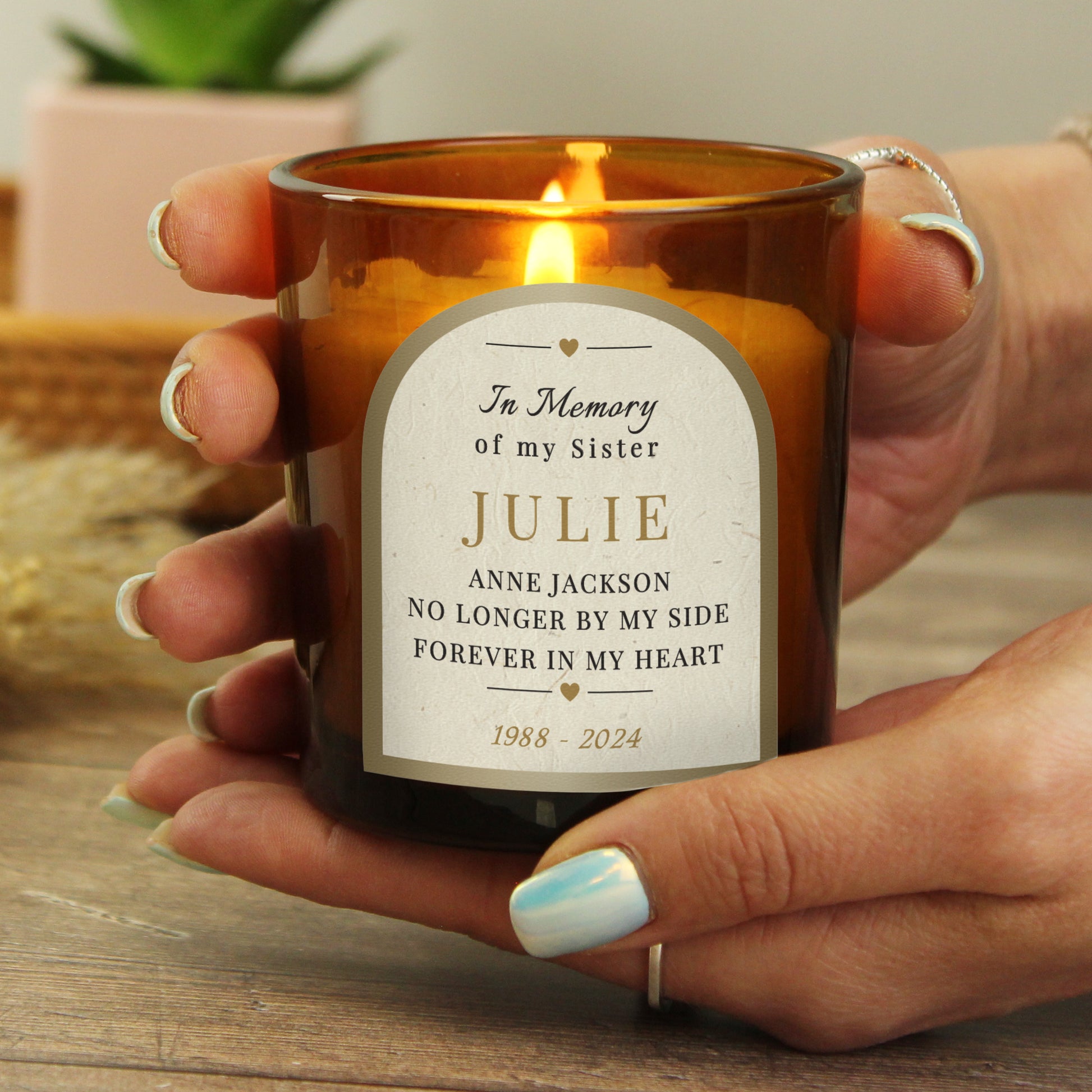 Personalised In Loving Memory Amber Glass Candle - MK&JD Gifts