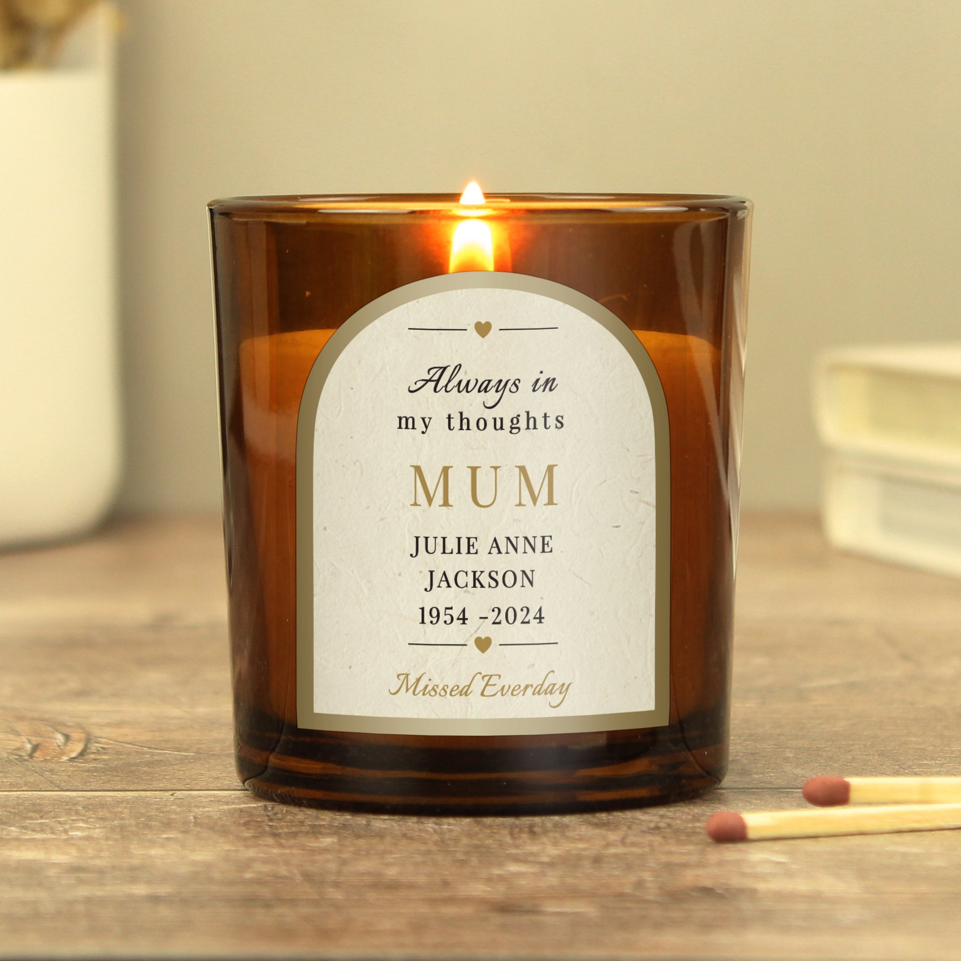 Personalised In Loving Memory Amber Glass Candle - MK&JD Gifts