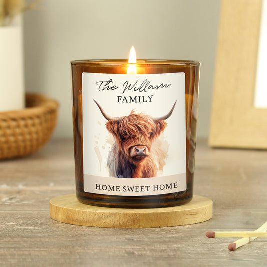 Personalised Highland Cow Amber Glass Candle - MK&JD Gifts
