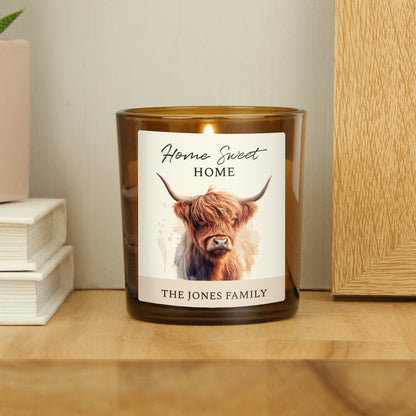 Personalised Highland Cow Amber Glass Candle - MK&JD Gifts