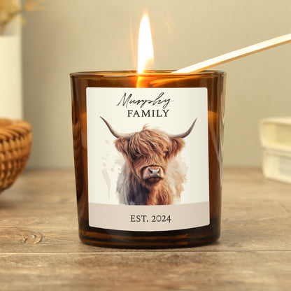 Personalised Highland Cow Amber Glass Candle - MK&JD Gifts