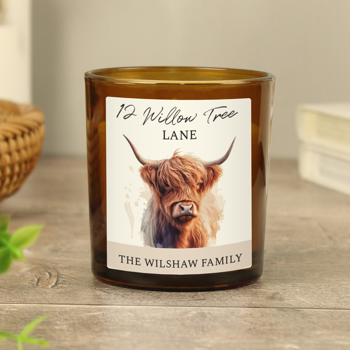 Personalised Highland Cow Amber Glass Candle - MK&JD Gifts