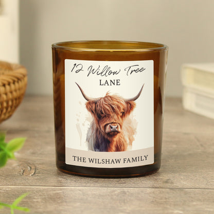 Personalised Highland Cow Amber Glass Candle - MK&JD Gifts