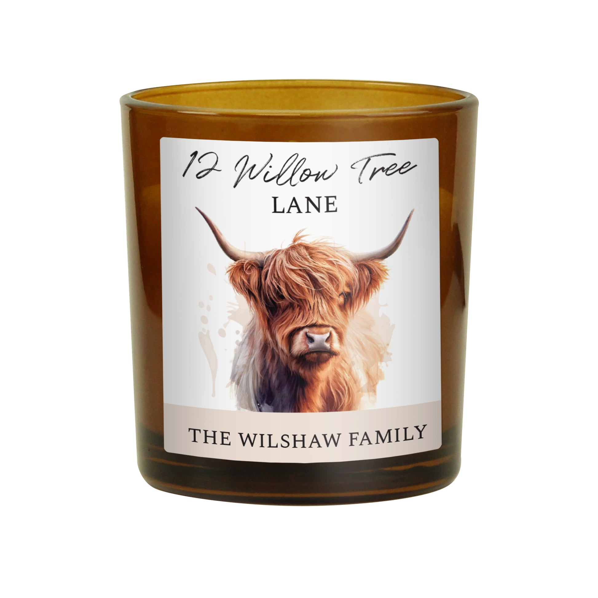 Personalised Highland Cow Amber Glass Candle - MK&JD Gifts