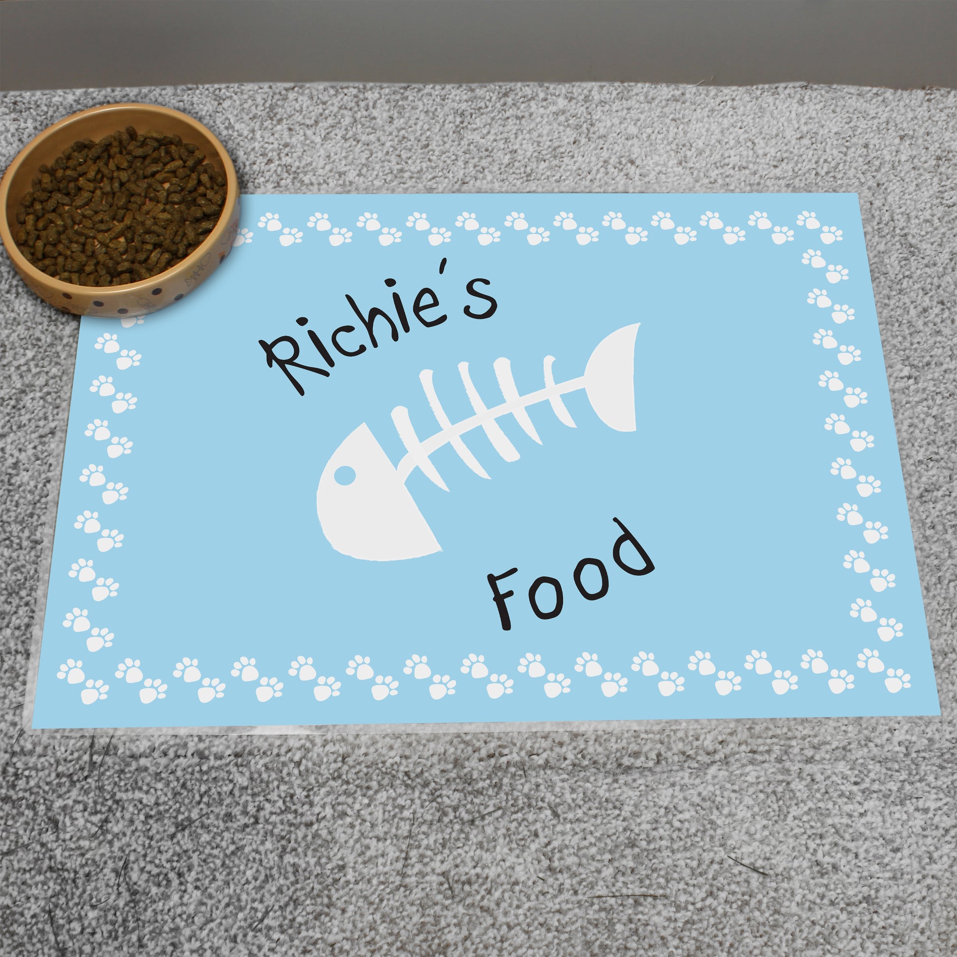 Personalised Blue Fish Bone Cat Pet Bowl Mat - MK&JD Gifts
