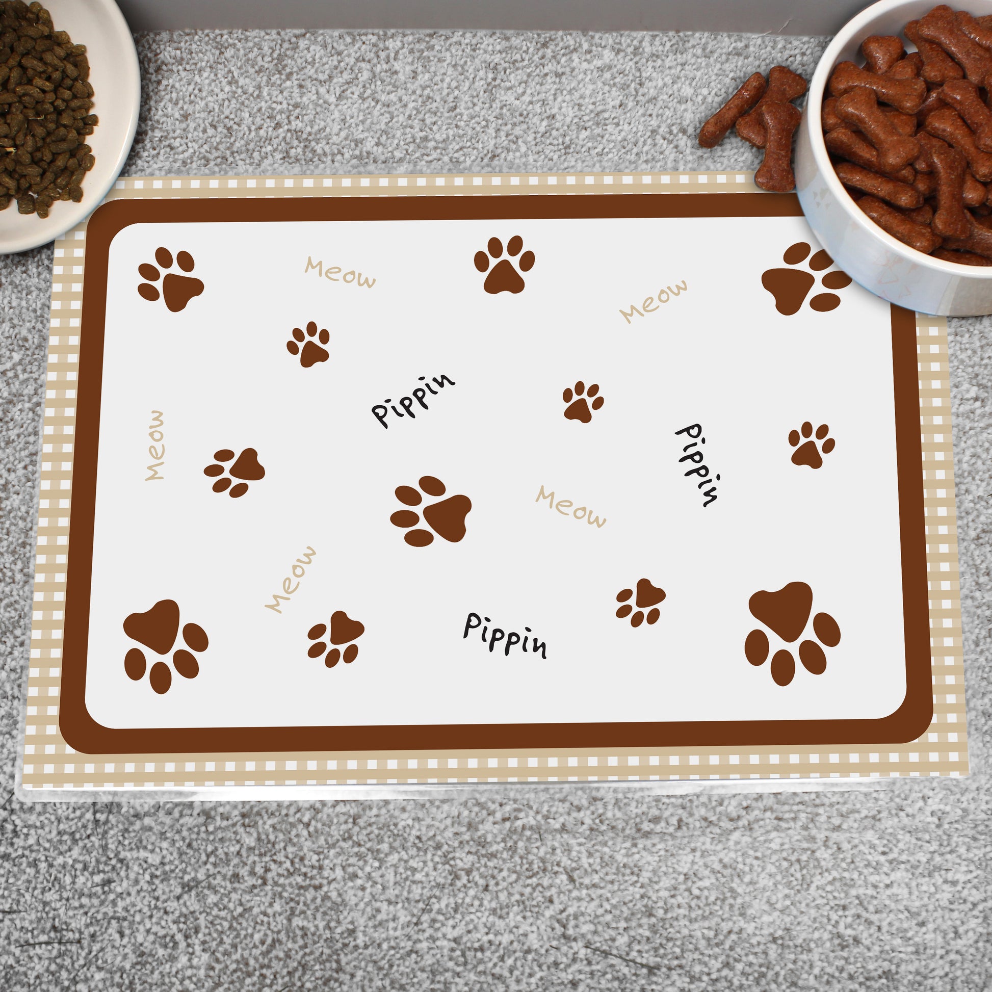 Personalised Brown Gingham Cat Pet Bowl Mat - MK&JD Gifts