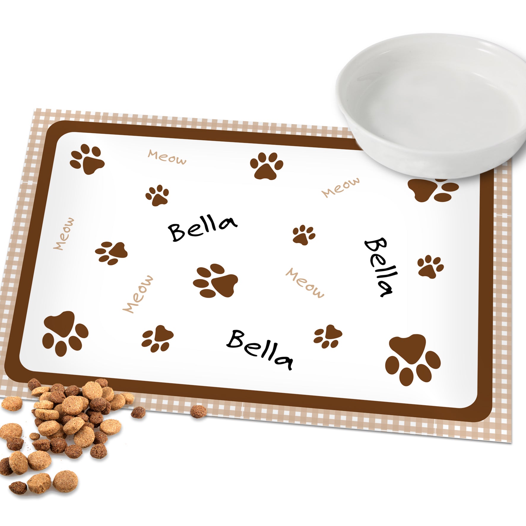 Personalised Brown Gingham Cat Pet Bowl Mat - MK&JD Gifts