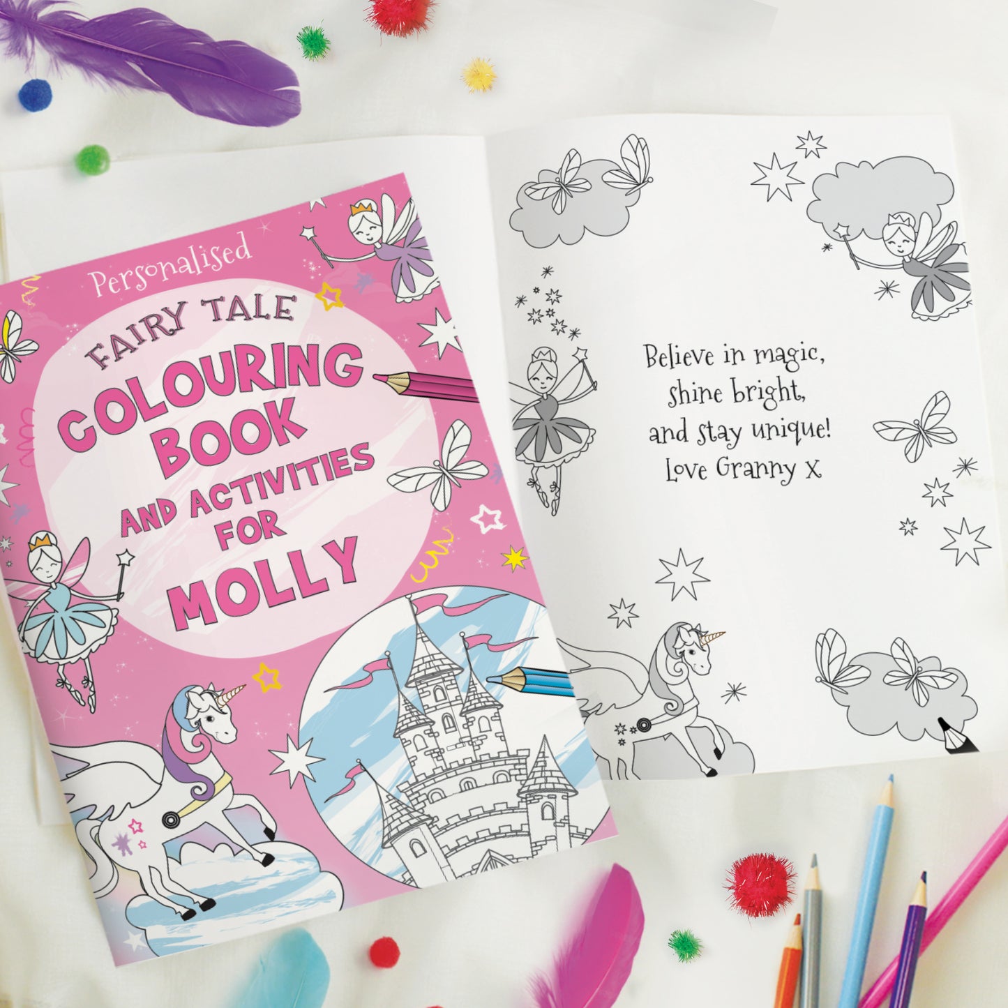 Personalised Princess & Unicorn Colouring Book with Pencil Crayons - MK&JD Gifts