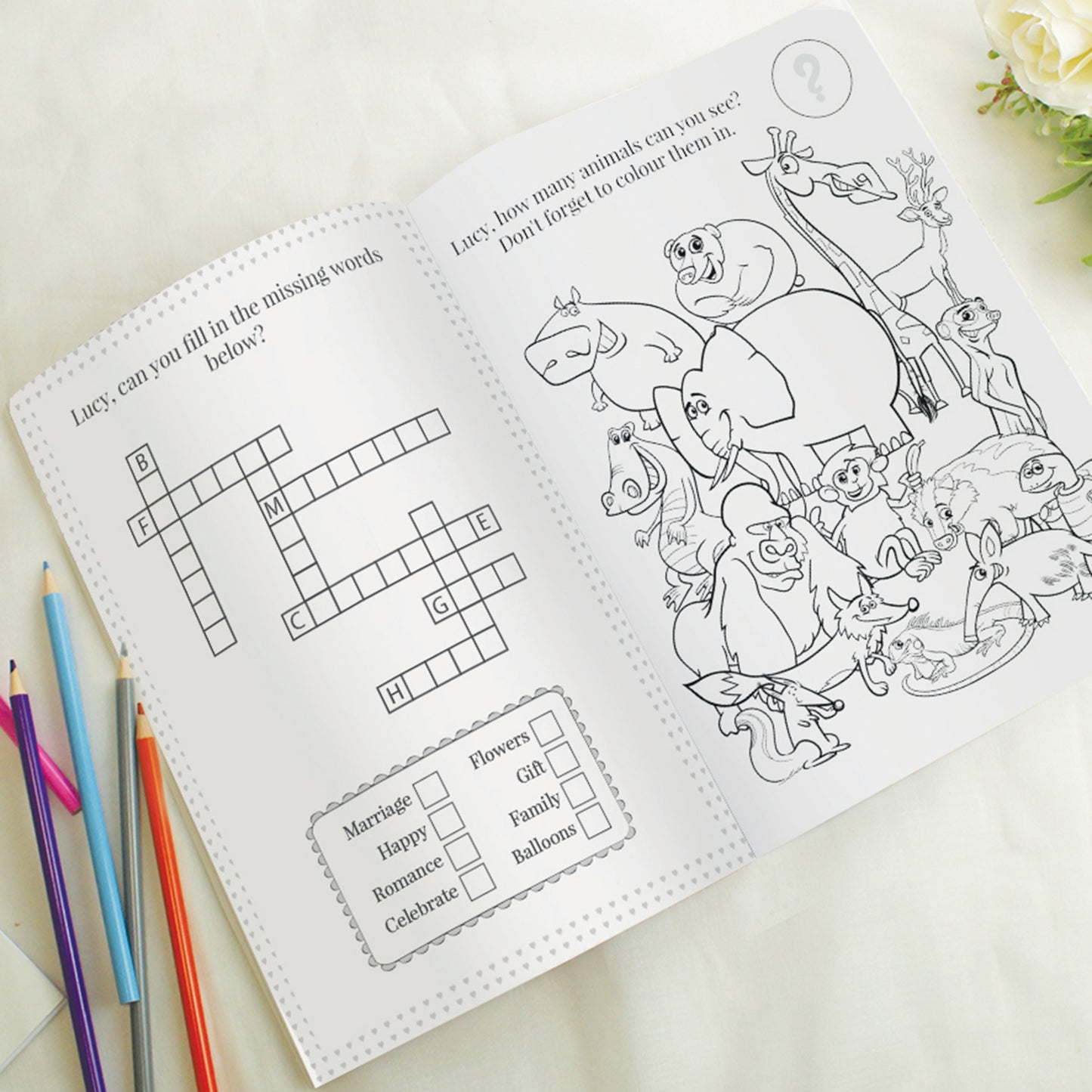 Personalised Pink A4 Wedding Activity & Colouring Book - MK&JD Gifts