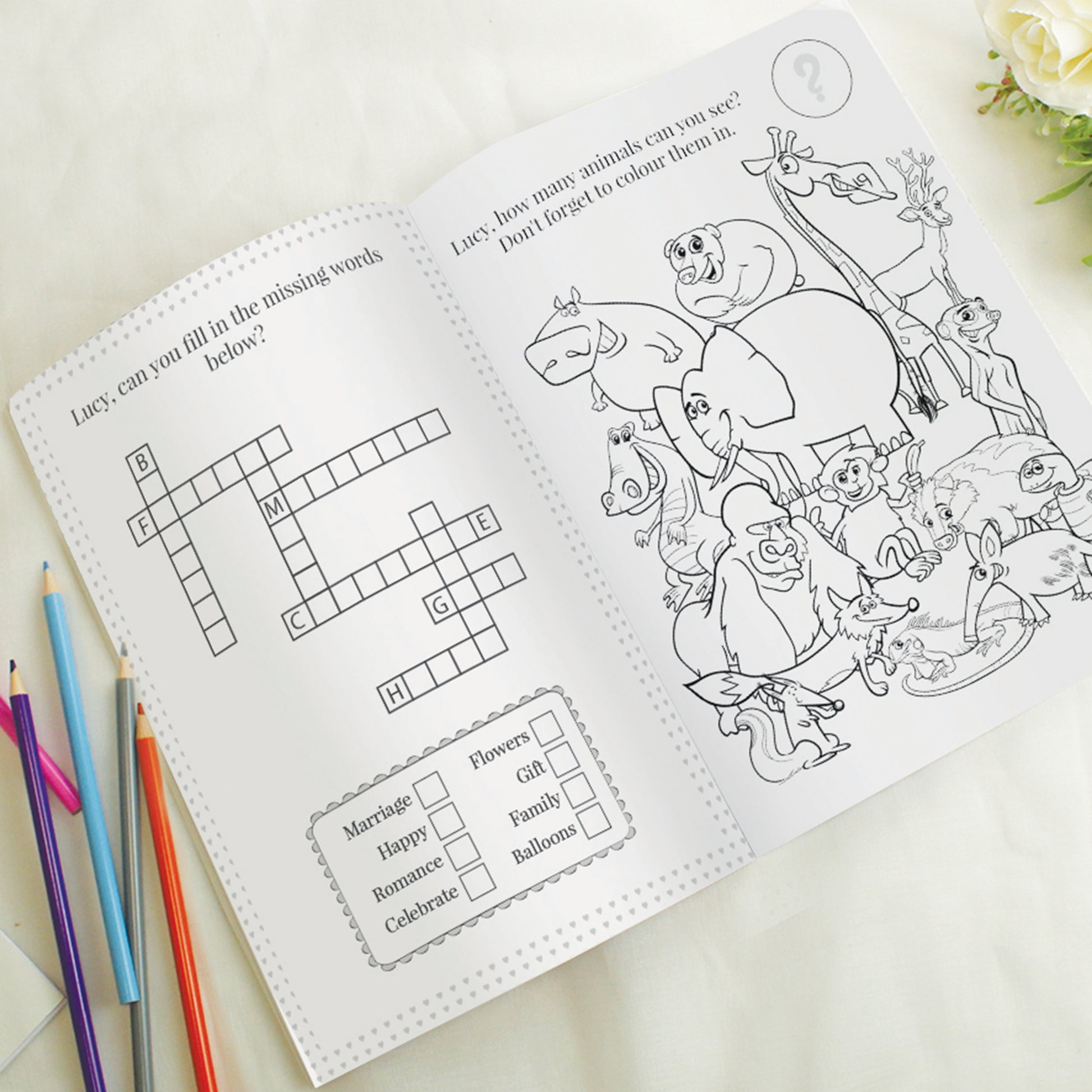 Personalised Pink A4 Wedding Activity & Colouring Book - MK&JD Gifts