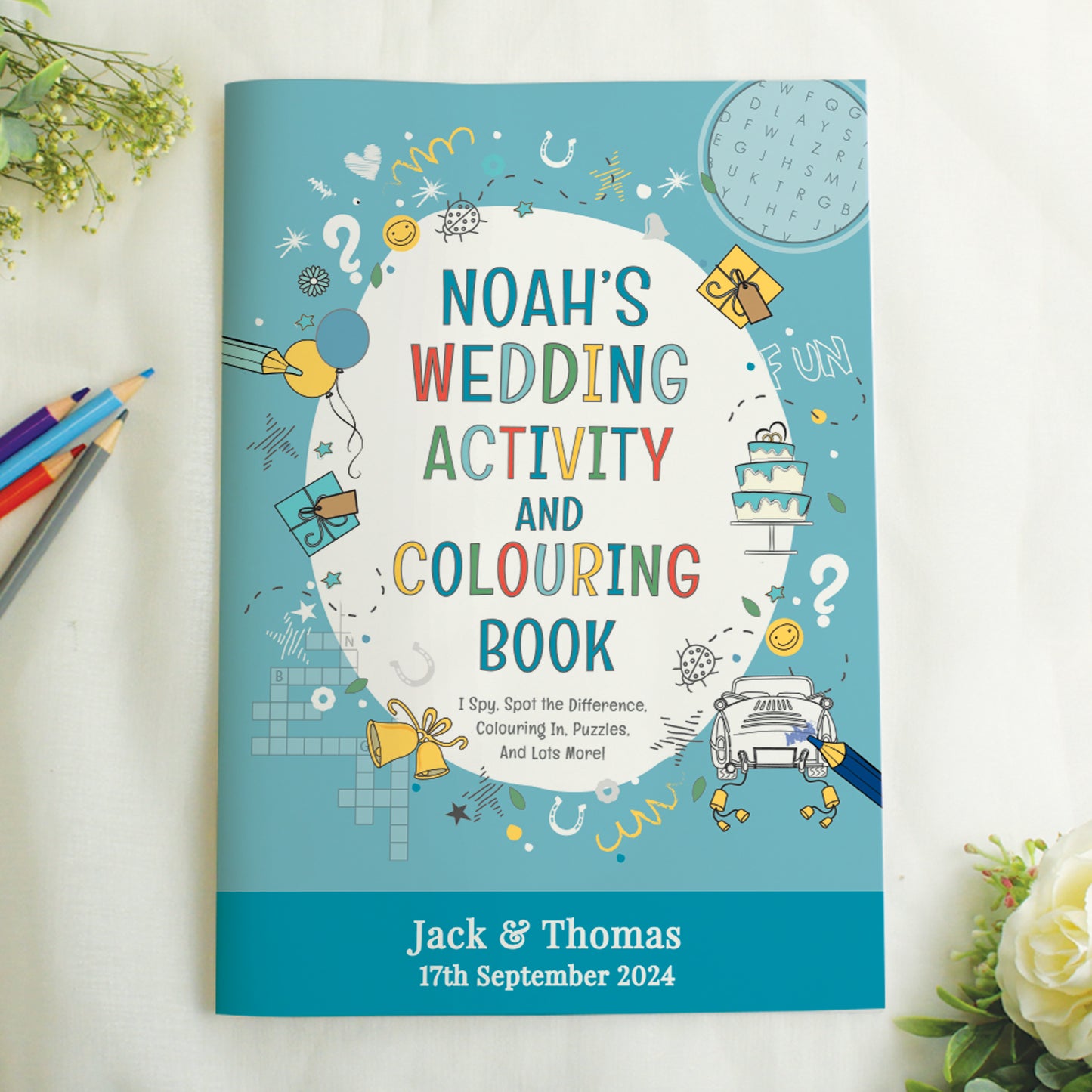 Personalised Blue A4 Wedding Activity & Colouring Book - MK&JD Gifts