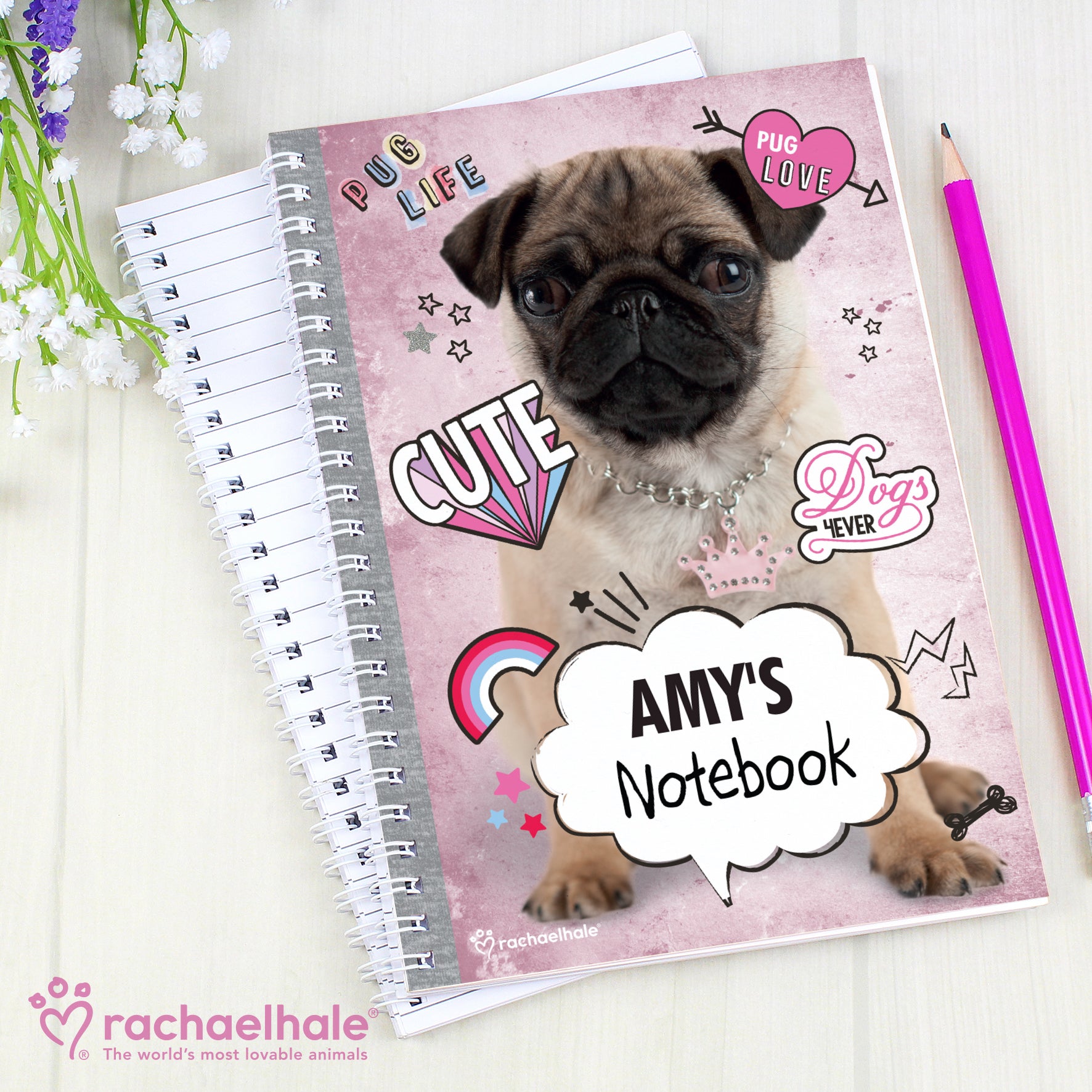 Personalised Rachael Hale Doodle Pug A5 Notebook - MK&JD Gifts