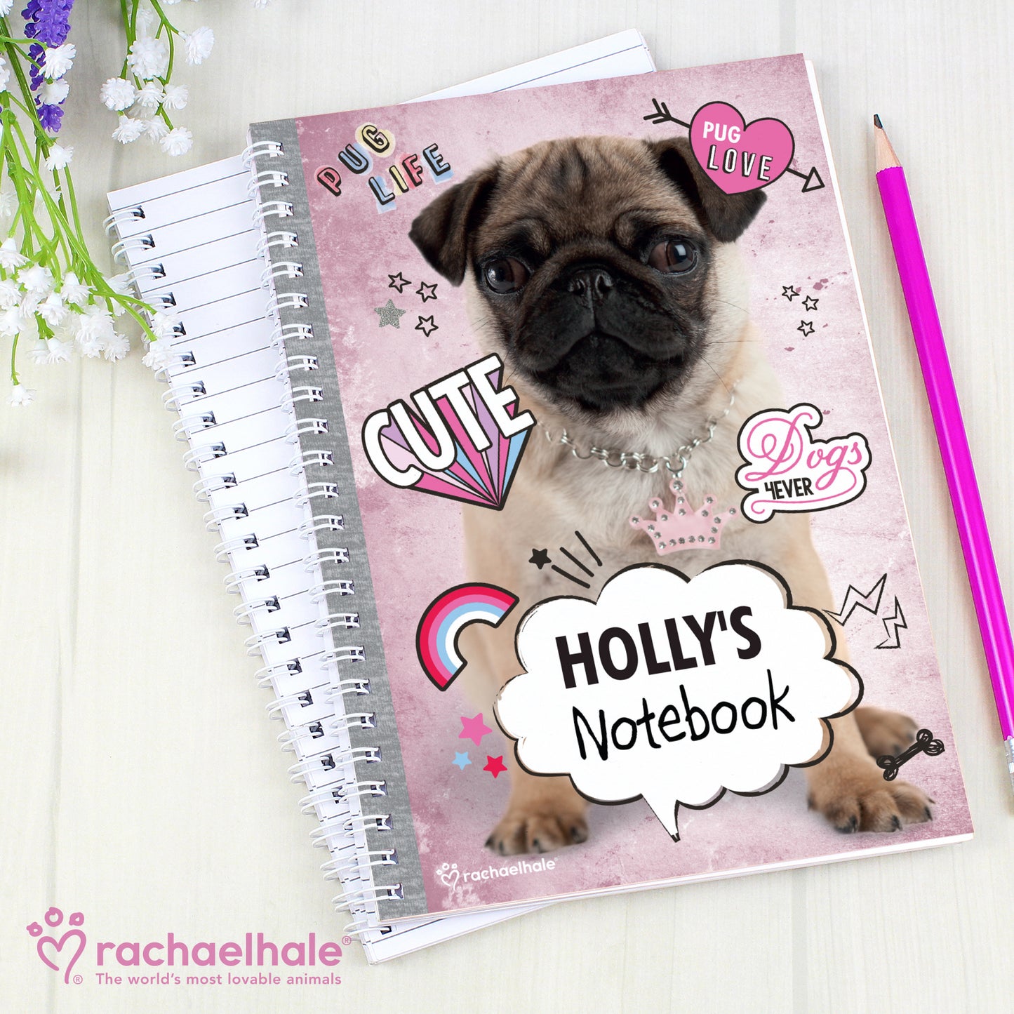 Personalised Rachael Hale Doodle Pug A5 Notebook - MK&JD Gifts