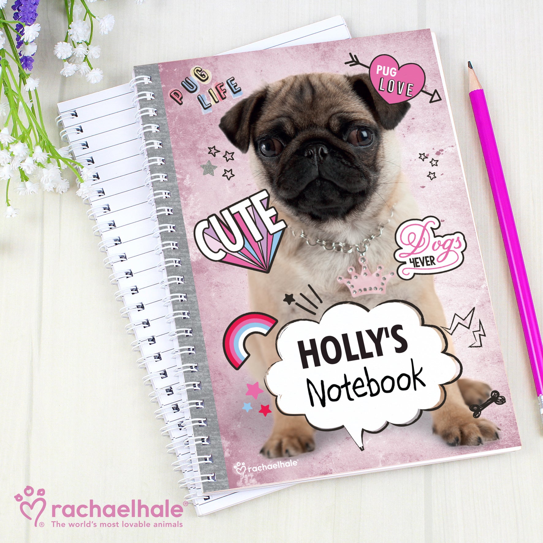 Personalised Rachael Hale Doodle Pug A5 Notebook - MK&JD Gifts