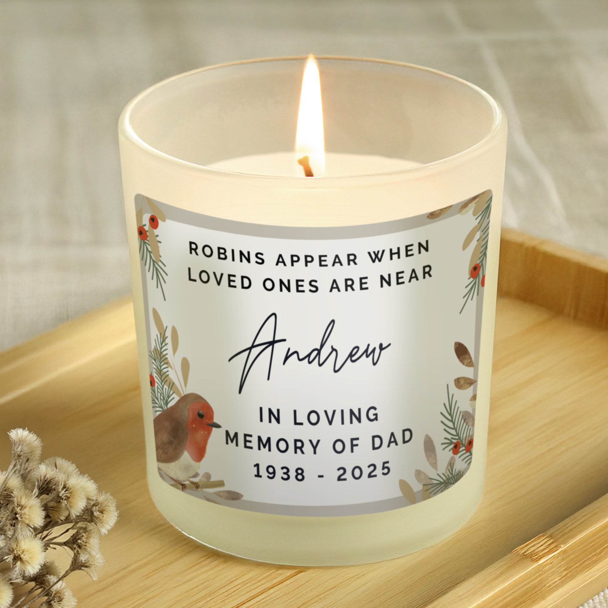 Personalised Robins Appear Memorial Scented Jar Candle - MK&JD Gifts