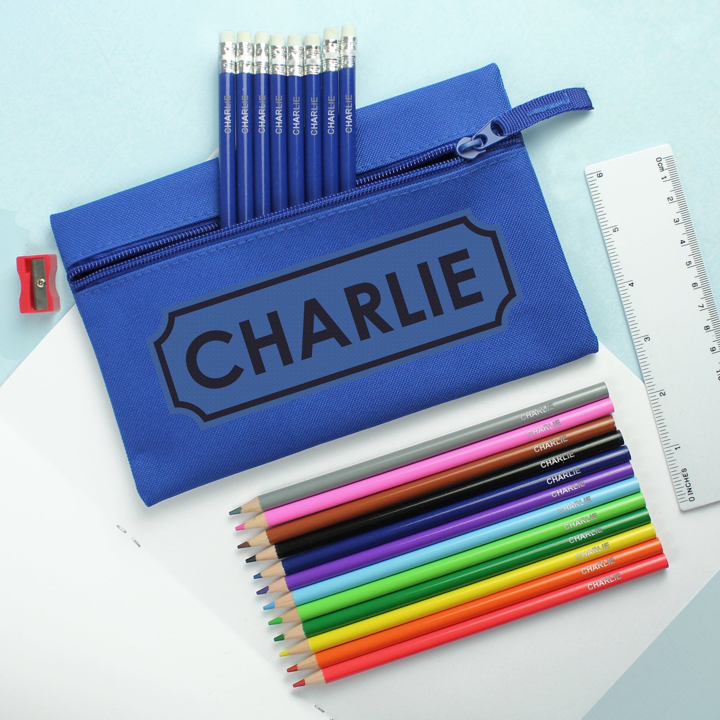 Blue Pencil Case with Personalised Pencils & Crayons