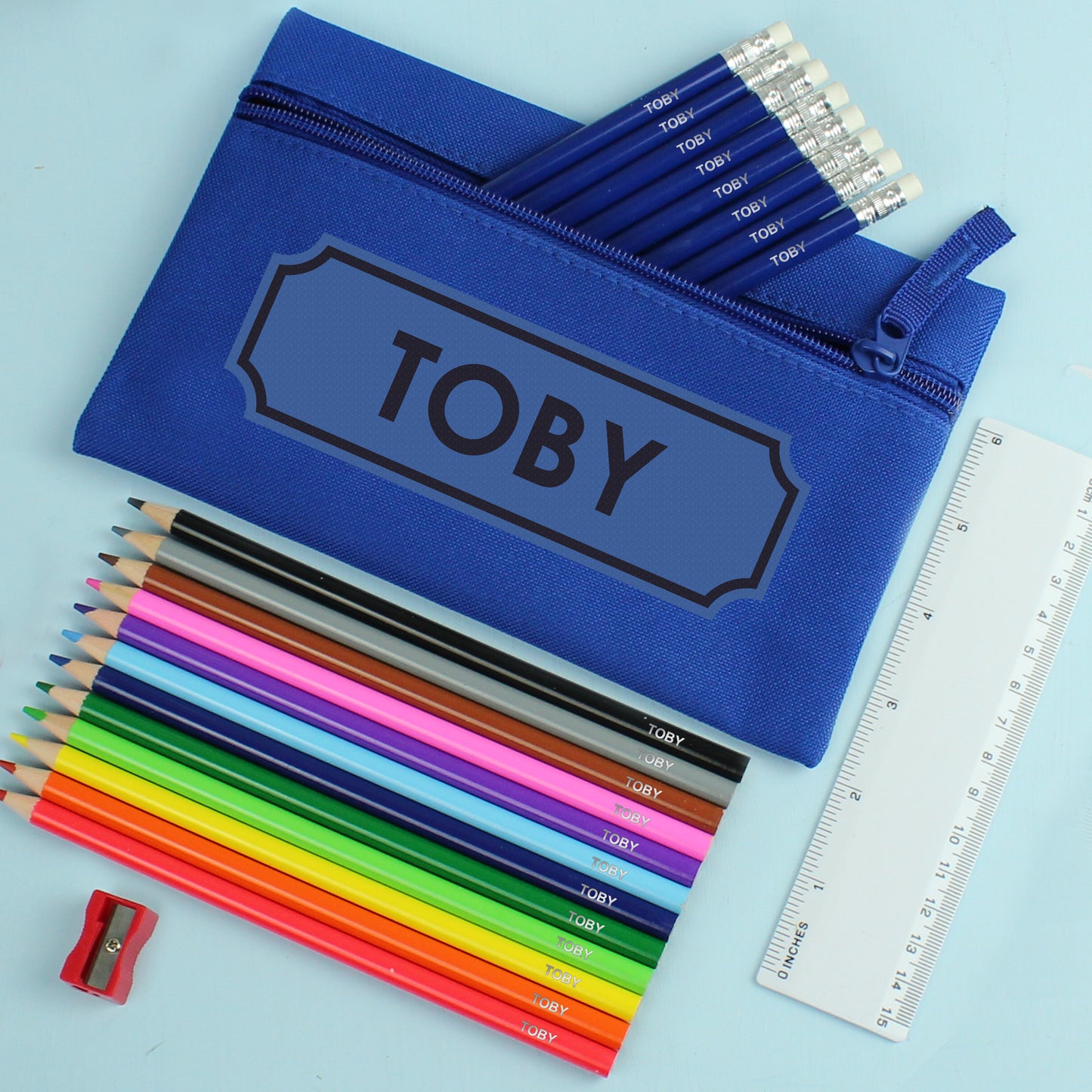Blue Pencil Case with Personalised Pencils & Crayons - MK&JD Gifts