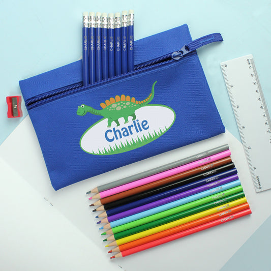 Blue Dinosaur Pencil Case with Personalised Pencils & Crayons