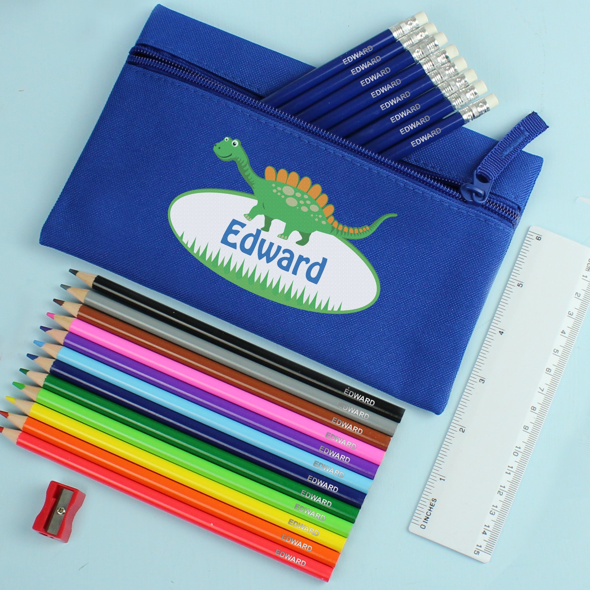 Blue Dinosaur Pencil Case with Personalised Pencils & Crayons - MK&JD Gifts