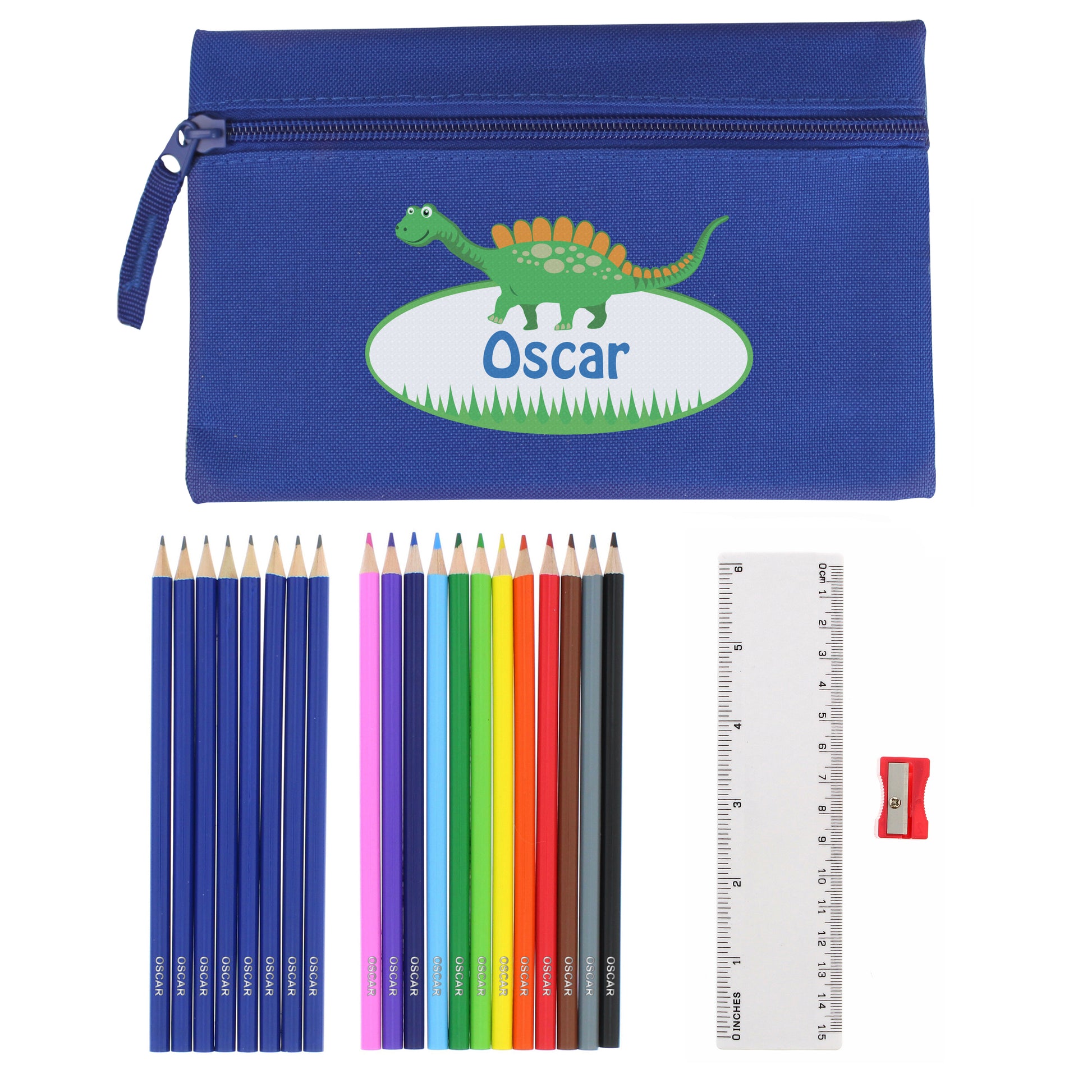 Blue Dinosaur Pencil Case with Personalised Pencils & Crayons - MK&JD Gifts